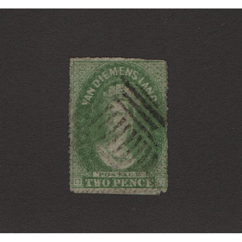 (ST1512) TASMANIA ·  1868/69: used 2d yellow-green QV Chalon perf.19 (SERRATED) SG 119 in excellent condition front/reverse · please view largest images · c.v. £1300 (2 images)