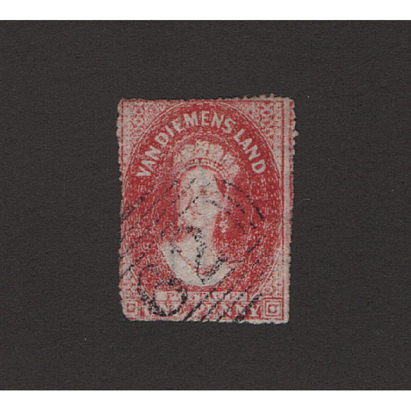 (ST1513) TASMANIA ·  1868/69: lightly used 1d carmine QV Chalon perf.19 (serrated) SG 118 · nice condition · c.v. £450 (2 images)