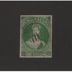 (ST1517) NEW ZEALAND · 1862: nicely used imperf 1/- green fullface QV SG 44 with 4 excellent to outstanding margins · c.v. £550 · examples this good are few and far between (2 images)