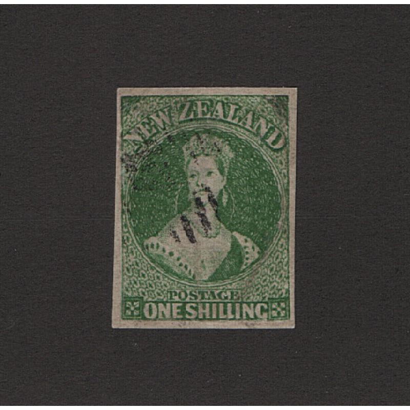 (ST1517) NEW ZEALAND · 1862: nicely used imperf 1/- green fullface QV SG 44 with 4 excellent to outstanding margins · c.v. £550 · examples this good are few and far between (2 images)