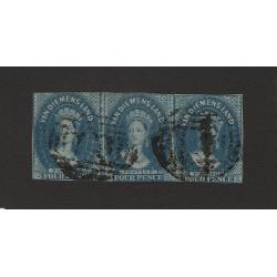 (ST1518) TASMANIA · 1857: used strip of 3x 4d blue QV Chalons (No Wmk) SG 22 · small repair at top with existing margins tight but still a very presentable multiple · total c.v. £420 (2 images)