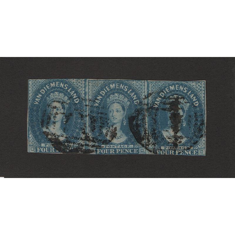 (ST1518) TASMANIA · 1857: used strip of 3x 4d blue QV Chalons (No Wmk) SG 22 · small repair at top with existing margins tight but still a very presentable multiple · total c.v. £420 (2 images)