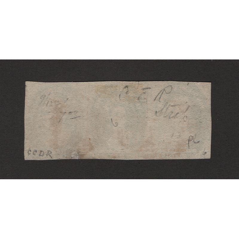 (ST1518) TASMANIA · 1857: used strip of 3x 4d blue QV Chalons (No Wmk) SG 22 · small repair at top with existing margins tight but still a very presentable multiple · total c.v. £420 (2 images)