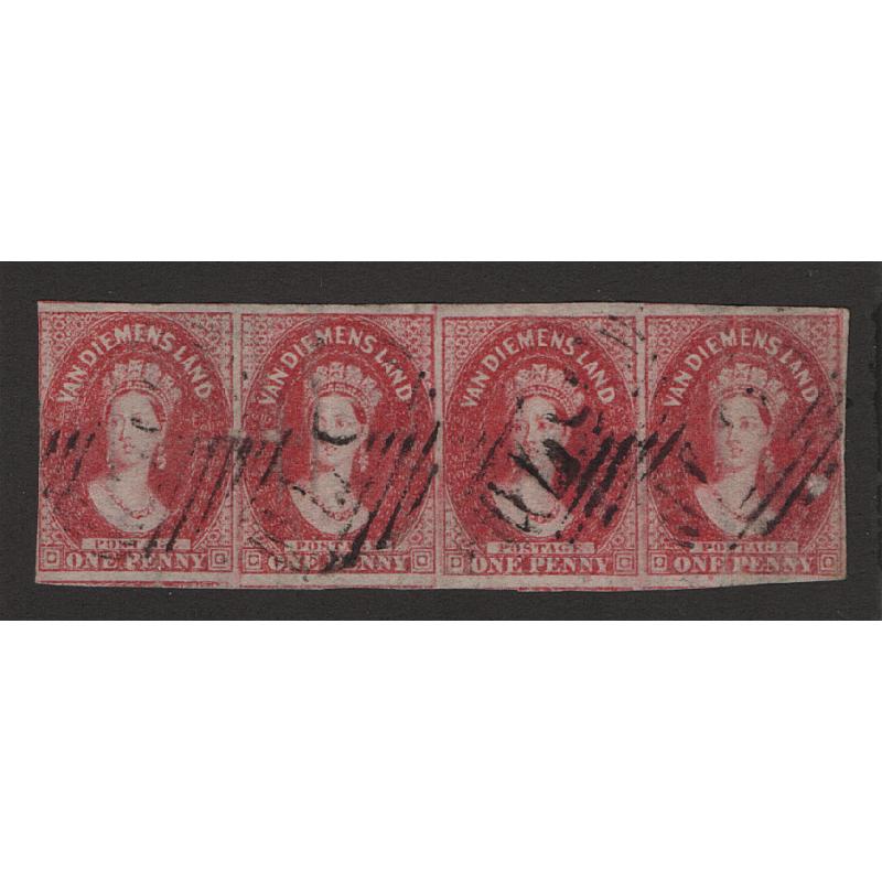 (ST1519) TASMANIA · 1867: nicely used strip of 4x imperf 1d carmine QV Chalons ('1' Wmk) SG 29 with huge to "touching" margins · please see full description · total c.v. £140 (2 images)