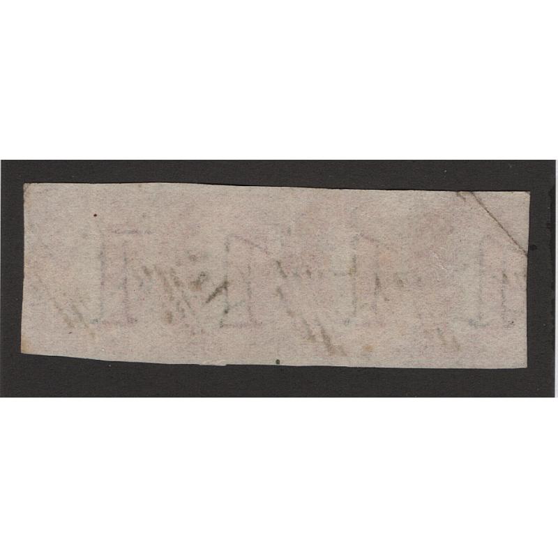 (ST1519) TASMANIA · 1867: nicely used strip of 4x imperf 1d carmine QV Chalons ('1' Wmk) SG 29 with huge to "touching" margins · please see full description · total c.v. £140 (2 images)