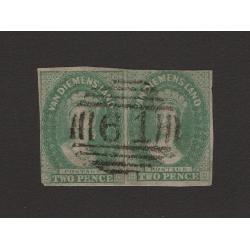 (ST1520) TASMANIA ·  1857: used imperf pair of 2d dull emerald-green QV Chalons (No Wmk) in excellent condition front/back · total c.v. £1900 (2 images)