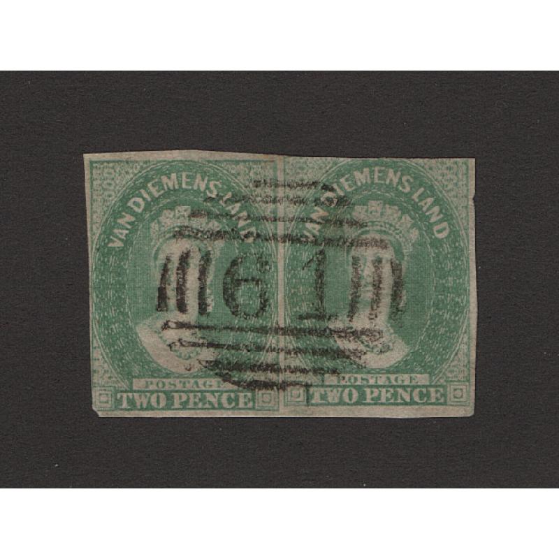 (ST1520) TASMANIA ·  1857: used imperf pair of 2d dull emerald-green QV Chalons (No Wmk) in excellent condition front/back · total c.v. £1900 (2 images)