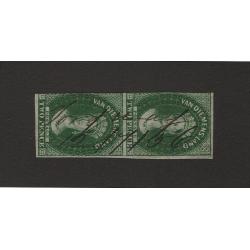 (ST1521) TASMANIA ·  1855: imperf pair of 2d greeen QV Chalons (Star Wmk) SG 16 with three excellent margins · TORQUAY mss cancel dated "12/6/56" · c.v. £450