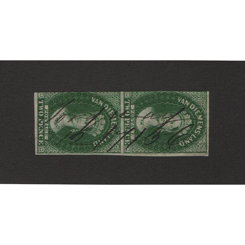 (ST1521) TASMANIA ·  1855: imperf pair of 2d green QV Chalons (Star Wmk) SG 16 with three excellent margins · TORQUAY mss cancel dated "12/6/56" · c.v. £450