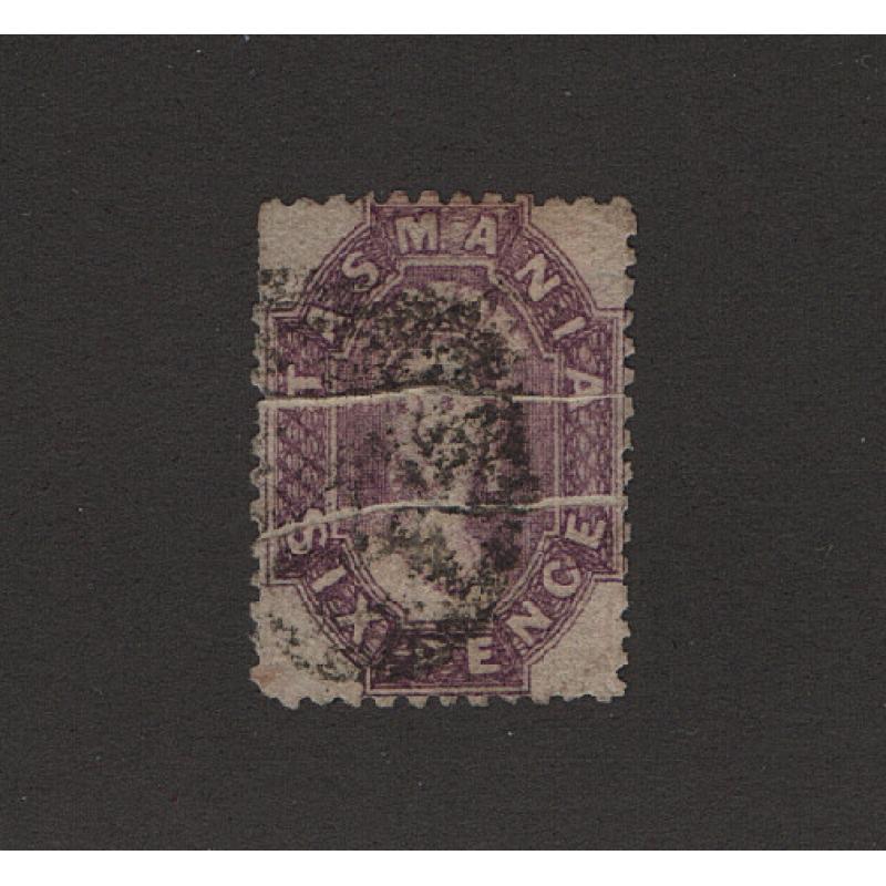 (ST1523) TASMANIA ·  1884: used 6d reddish purple QV Chalon perf.12 SG 142 with striking PRE-PRINT PAPER CREASES (2 images)