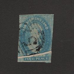 (ST1524) TASMANIA ·  1857: used imperf 4d pale blue QV Chalon (Numeral Wmk) SG 36 with a prominent PRE-PRINT PAPER CREASE (2 images)