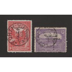 (ST1525) TASMANIA ·  1903/10: used 1d and 2d Pictorials perf T each with an extra row of punctures · uncommon T perfin variation (2)