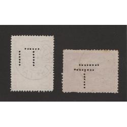 (ST1525) TASMANIA ·  1903/10: used 1d and 2d Pictorials perf T each with an extra row of punctures · uncommon T perfin variation (2)