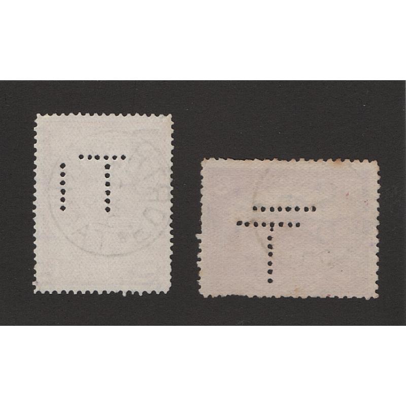 (ST1525) TASMANIA ·  1903/10: used 1d and 2d Pictorials perf T each with an extra row of punctures · uncommon T perfin variation (2)