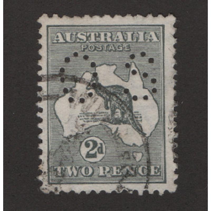 (ST1530) AUSTRALIA · 1913: used 2d grey Roo (1st Wmk) perf small 'OS' showing BENCE variety BW 5(1)p (pos.1R49) · c.v. without perfin  AU$300 (2 images)