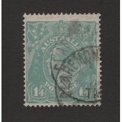 (ST1535) AUSTRALIA · 1927: used 1/4d greenish blue KGV defin (SM wmk · perf.14) w/variety THICK RIGHT '1' BW 129An · c.v. AU$450 · 2019 Starling certificate (3 images)