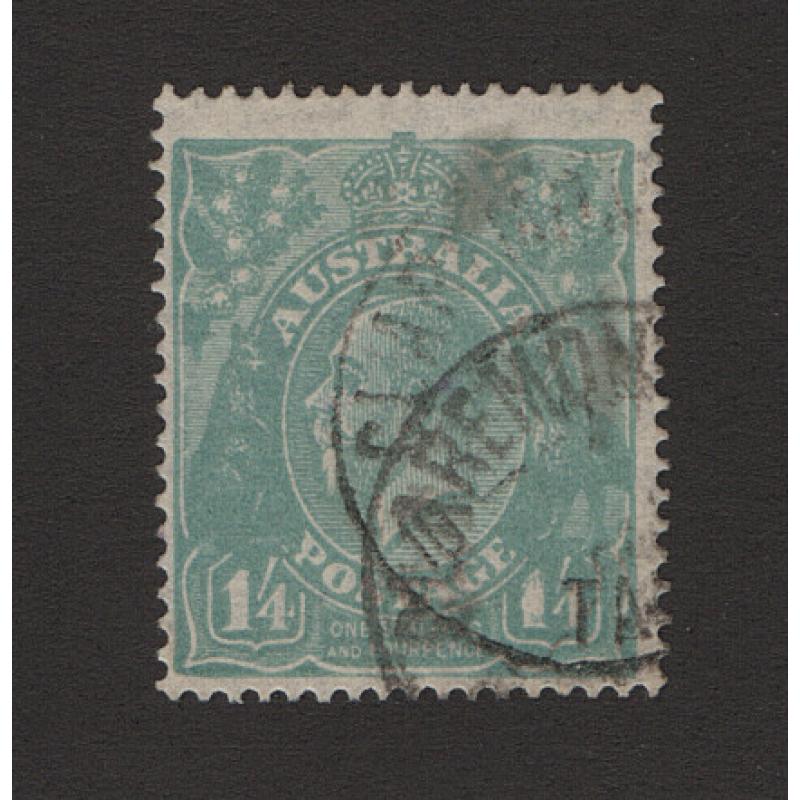 (ST1535) AUSTRALIA · 1927: used 1/4d greenish blue KGV defin (SM wmk · perf.14) w/variety THICK RIGHT '1' BW 129An · c.v. AU$450 · 2019 Starling certificate (3 images)