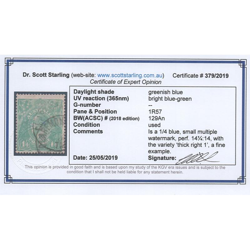 (ST1535) AUSTRALIA · 1927: used 1/4d greenish blue KGV defin (SM wmk · perf.14) w/variety THICK RIGHT '1' BW 129An · c.v. AU$450 · 2019 Starling certificate (3 images)