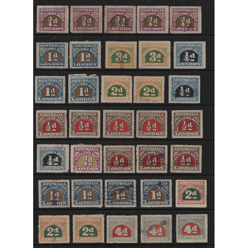 (ST1537L) AUSTRALIA · duplicated assembly of used CUSTOMS DUTY stamps to 1/- and 20c · mixed condition and has never been sorted · 57 stamps as per largest images (2 images)