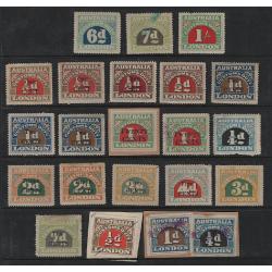 (ST1537L) AUSTRALIA · duplicated assembly of used CUSTOMS DUTY stamps to 1/- and 20c · mixed condition and has never been sorted · 57 stamps as per largest images (2 images)