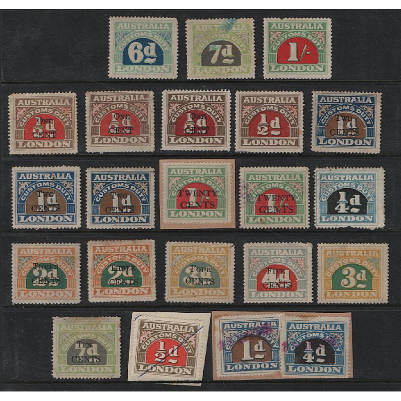 (ST1537L) AUSTRALIA · duplicated assembly of used CUSTOMS DUTY stamps to 1/- and 20c · mixed condition and has never been sorted · 57 stamps as per largest images (2 images)