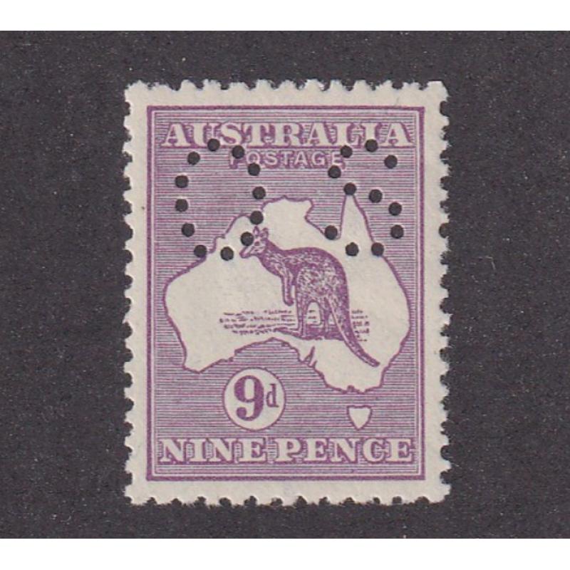 (ST1538) AUSTRALIA · 1926: fresh MLH Die IIB 9d violet Roo (3rd wmk) with 'OS' perfin BW 27Aba · see full description · c.v. AU$375 (2 images)