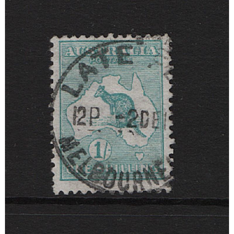 (ST1541) AUSTRALIA · 1913: commercially used 1/- green Roo (INVERTED 1st wmk) BW 30Aa · excellent condition · c.v. AU$500 (2 images)