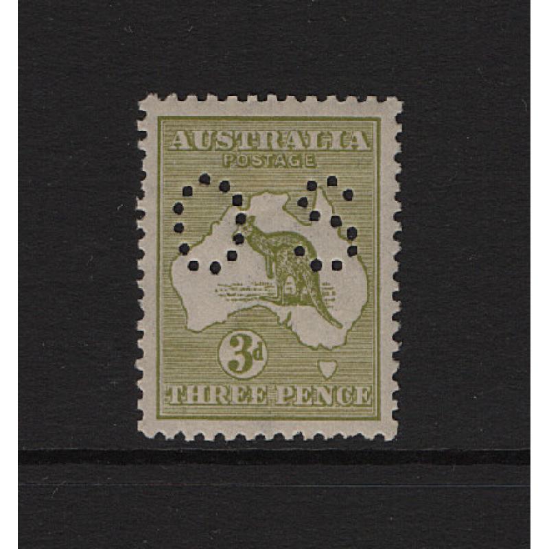 (ST1543) AUSTRALIA · 1918: fresh MLH Die I 3d olive Roo (3rd Wmk) punctured 'OS' BW 13Eb · well-centred and in fine condition front/reverse · c.v. AU$175 (2 images)