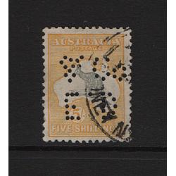 (ST1544) AUSTRALIA · 1932: used 5/- grey & yellow Roo (CofA Wmk) with ED & Co private perfin · some imperfections so please both large images · uncommon on this stamp