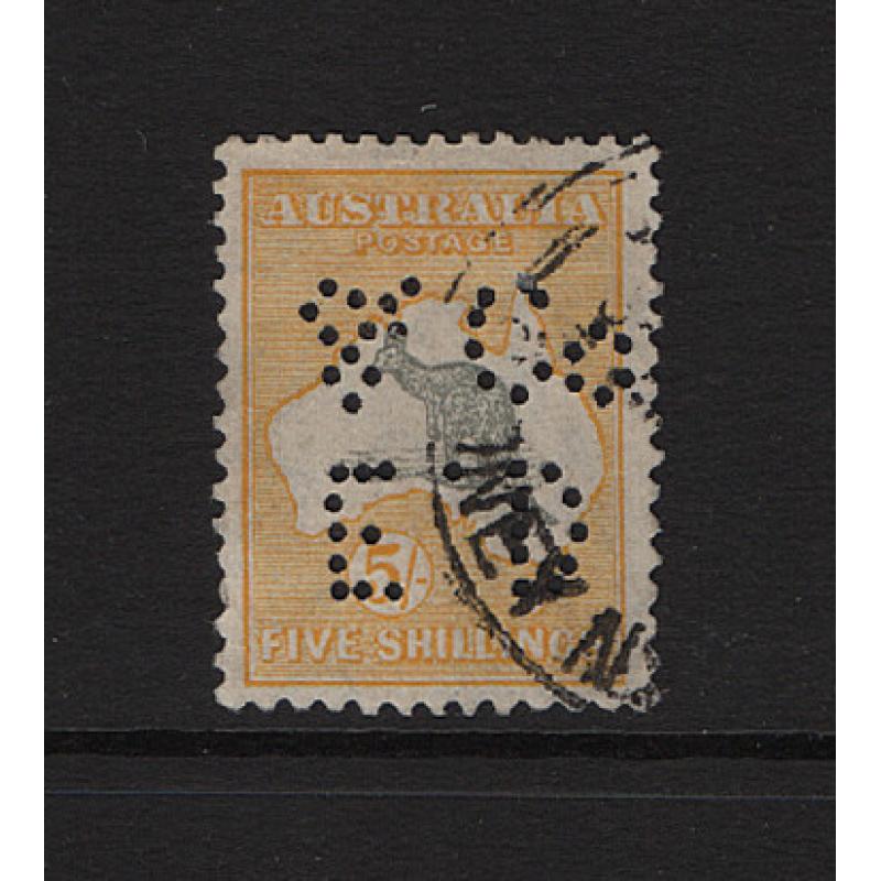 (ST1544) AUSTRALIA · 1932: used 5/- grey & yellow Roo (CofA Wmk) with ED & Co private perfin · some imperfections so please both large images · uncommon on this stamp