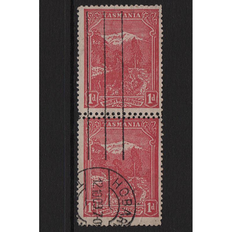 (ST1548) TASMANIA ·  1909: used vertical pair of 1d carmine-red Pictorials (Crown/A wmk · perf 12.4) with additional row of perforations (perf.11) BW T19B · excellent condition · c.v. AU$200