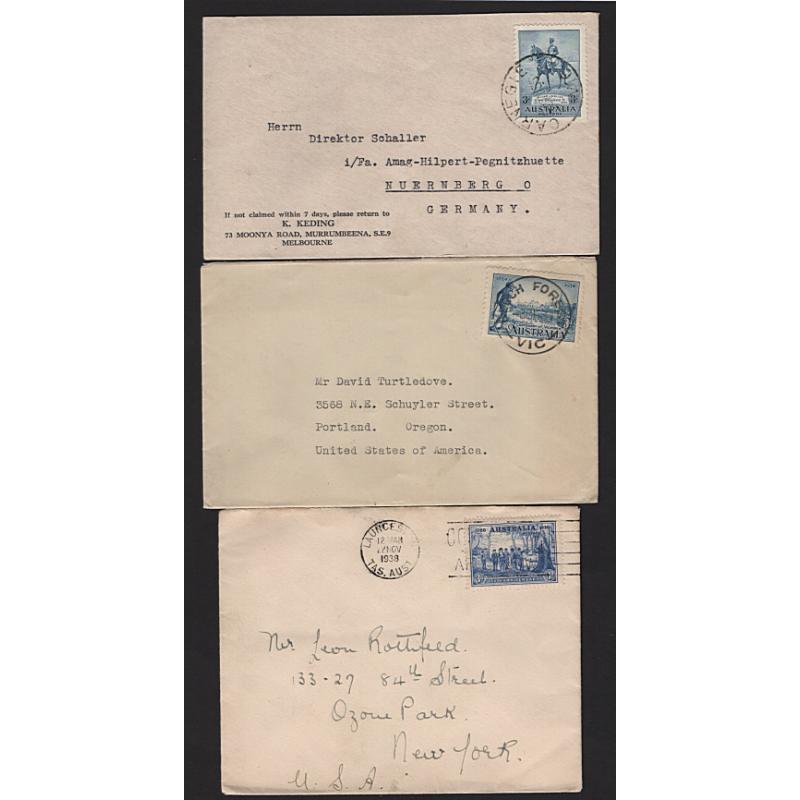 (ST1549) AUSTRALIA · 1933/40: five small covers to overseas destinations each bearing a different 3d blue commemorative from the period · the K/Smith cover has been opened roughly o/wise condition is excellent throughout (5)