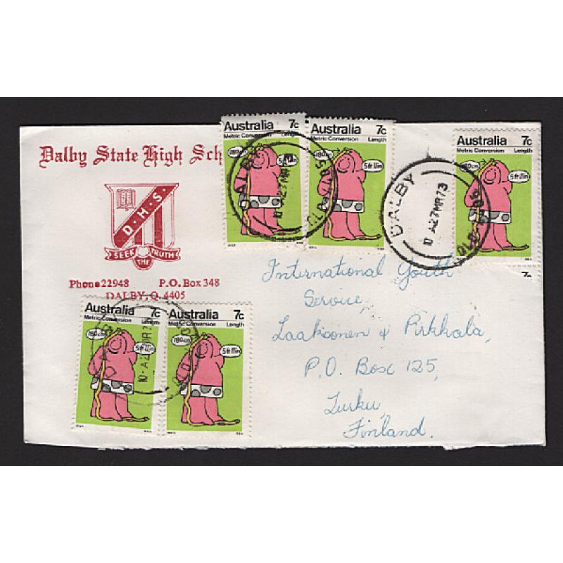 (ST1550) AUSTRALIA · 1973: small cover to Finland with 5x 7c Metric Conversion issue making up the correct rate of 35c for air mail to Europe up to 20g · a hard-to-find issue "on cover"