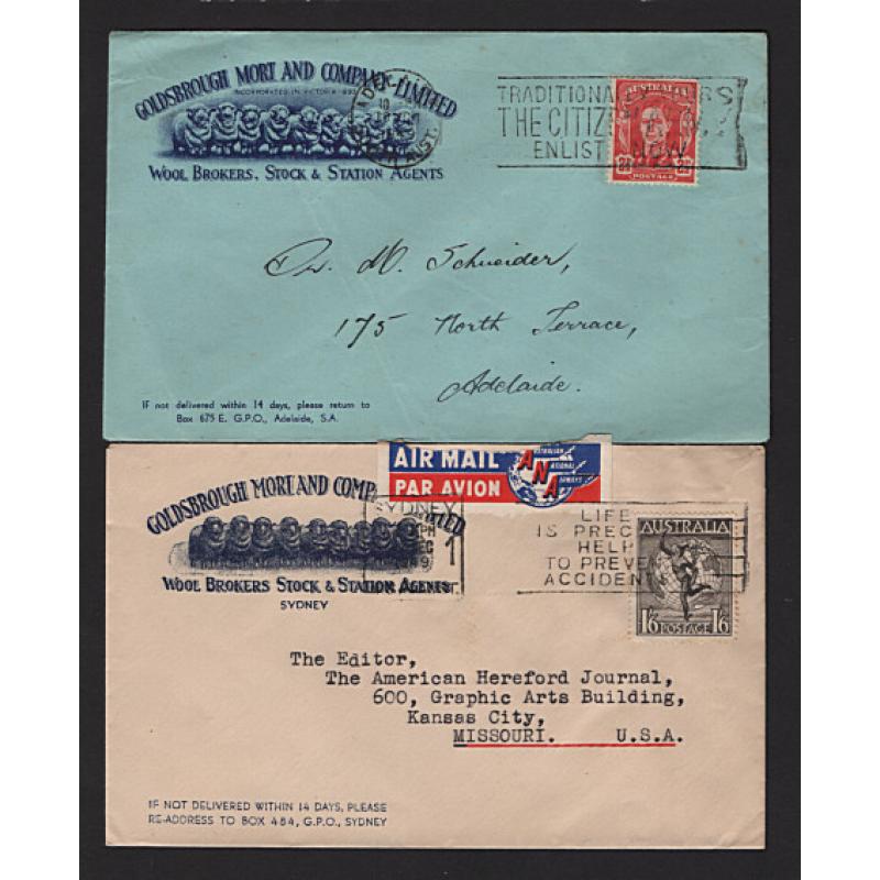 (ST1551) AUSTRALIA · 1949: two advertising covers used by Goldsbrough Mort and Company Limited (Wool Brokers, etc.) · similar design but different coloured envelopes · both items in excellent condition