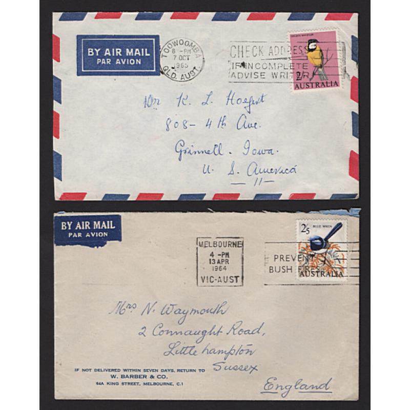 (ST1552) AUSTRALIA · 1964/65: 4 small air mail covers to USA or G.B. with the applicable rate paid using pre-decimal Bird frankings · all in excellent or fine condition (2 images))