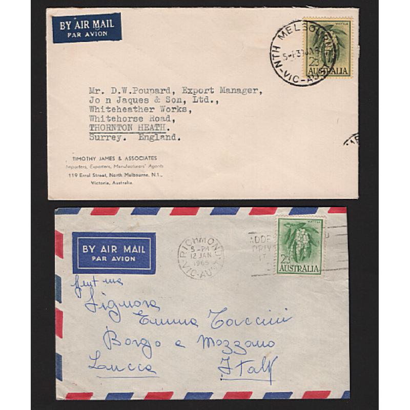 (ST1553) AUSTRALIA · 1963/65: small air mail cover to Italy and G.B. bearing single 2/3d Wattle defins (on white and cream papers respectively) · see full description (2)