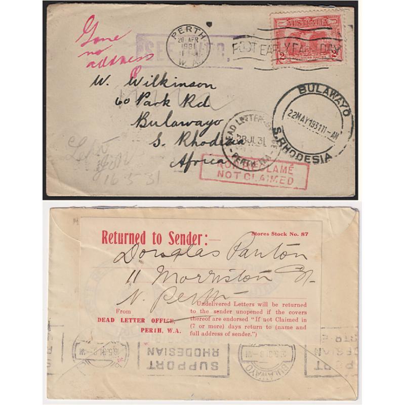 (ST1554) AUSTRALIA · S. RHODESIA  1931: small cover mailed at Perth to Bulawayo · unclaimed on arrival and returned to Perth DLO · seal over flap · excellent condition