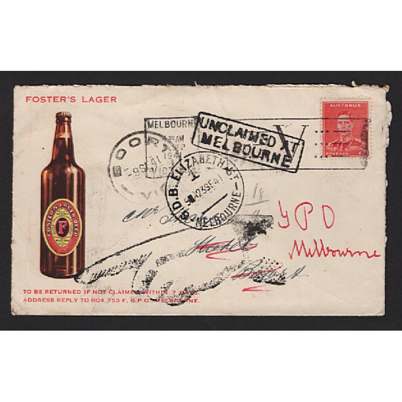 (ST1555) AUSTRALIA · 1941: small envelope advertising FOSTER'S LAGER mailed Melbourne/Boort where returned-to-sender · excellent condition