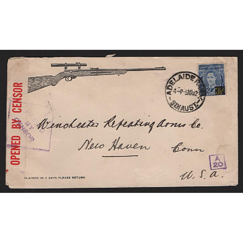 (ST1556) AUSTRALIA · 1942: advertising cover used by J.T. Lake, Adelaide mailed to USA with single 3½d surcharged KGVI franking · civil censor seal and h/stamps · excellent condition