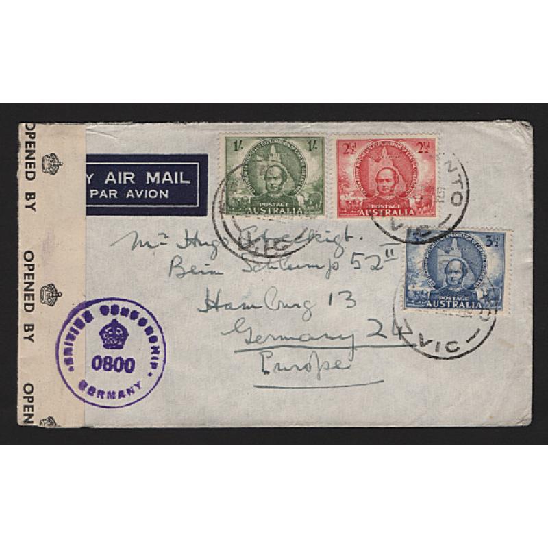 (ST1557) AUSTRALIA · 1946: air mail cover to Hamburg with the Mitchell commem set making up the correct rate of 1/6d · civil censor seal with British Zone h/s affixed and applied on arrival · excellent condition · Berlin transit b/stamp