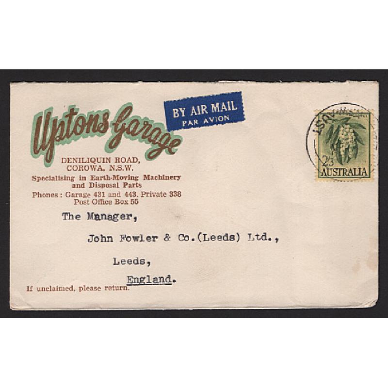 (ST1558) AUSTRALIA · 1961: small "Uptons Garage" (Corowa NSW) advertising envelope mailed to England with single 2/3 Wattle franking paying the correct rate for up to ½oz. · excellent condition