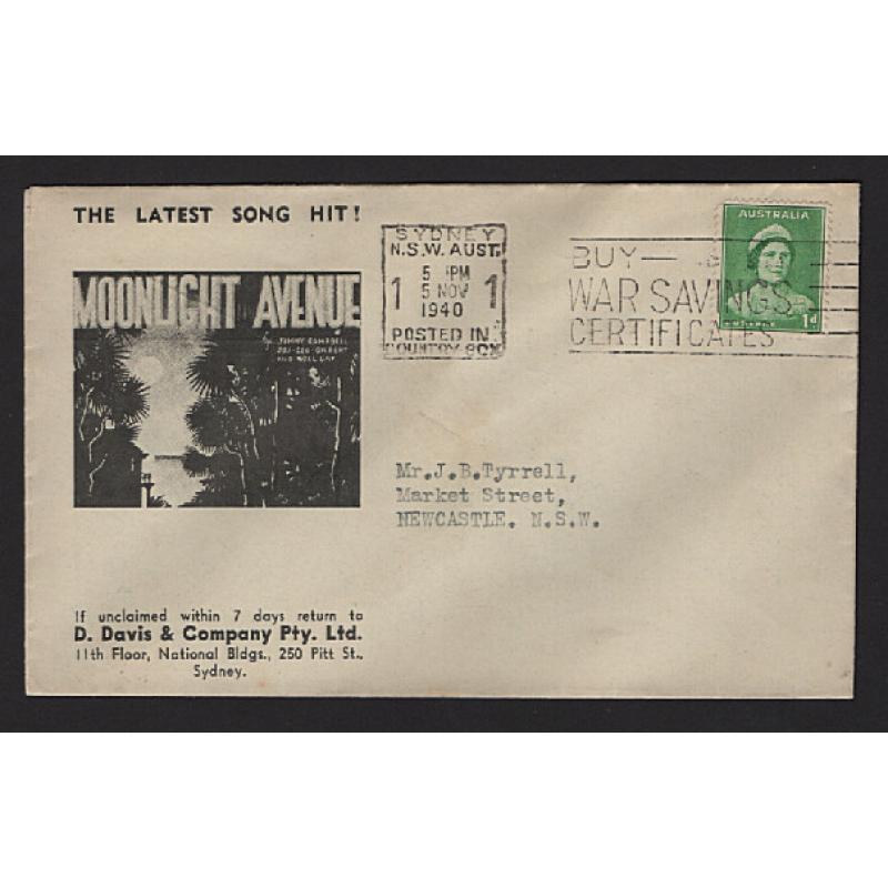 (ST1559) AUSTRALIA · 1940: D. Davis & Co. Pty Ltd envelope advertising THE LATEST SONG HIT! "Moonlight Avenue" · mailed at the commercial papers rate · fine condition