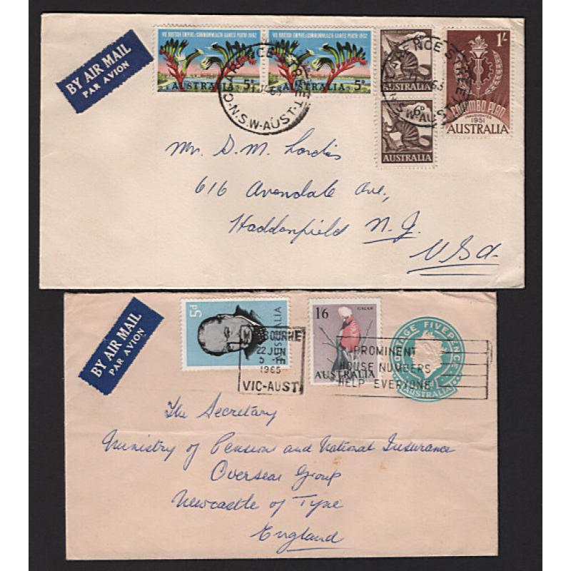 (ST1561) AUSTRALIA · 1963/65: 4 small air mail covers to USA or G.B. with multifrankings of contemporary commems and defins making up the applicable rates · excellent to fine condition throughout (2 images)