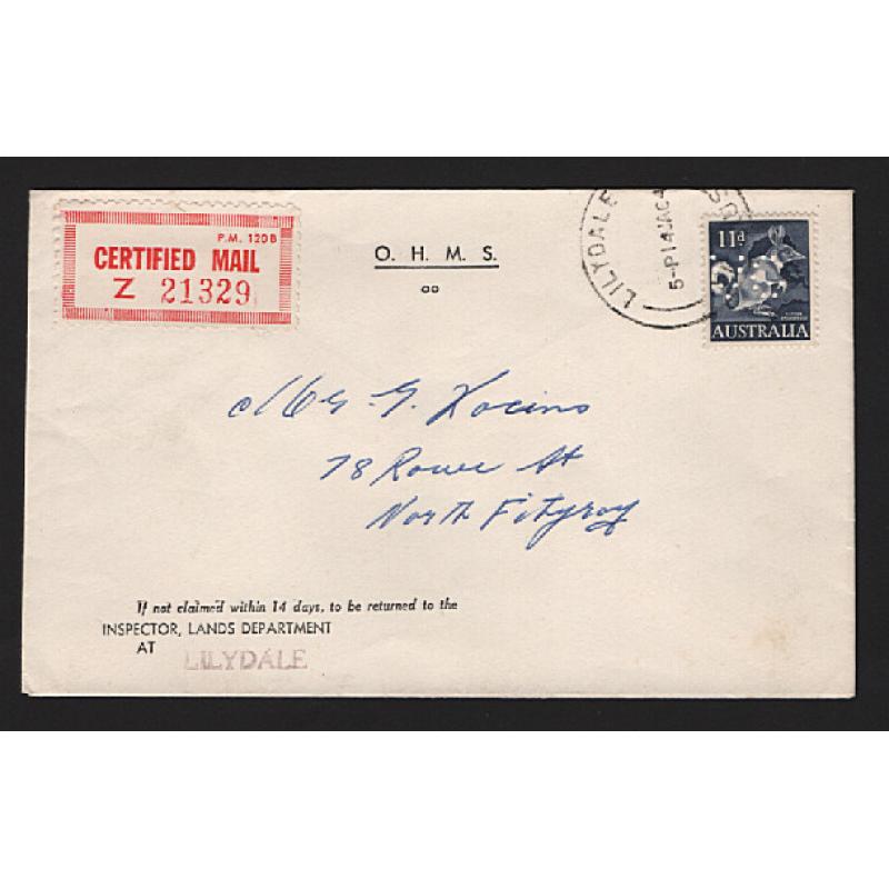 (ST1563) AUSTRALIA · 1964: OHMS envelope forwarded by Certified Mail bearing single 11d Bandicoot defin franking perf 'VG' · VF condition