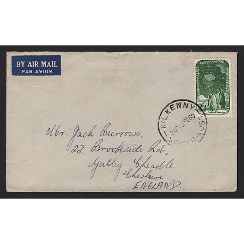 (ST1564) AUSTRALIA · 1960: small air mail cover to G.B. with single 2/3d Penguins & Map franking paying the rate for up to ½oz. · flap removed but is very exhibitable · scarce item in my experience