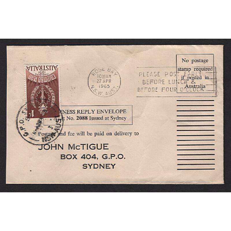 (ST1565) AUSTRALIA · 1965: Business Reply envelope with single 1/- Colombo Plan franking which paid postage for 2 standard articles plus a 2d fee · excellent condition · scarce survivor