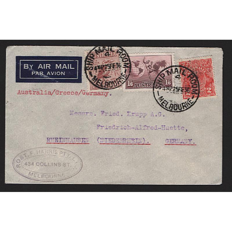 (ST1566) AUSTRALIA · 1936: small commercial air mail cover to Germany via Athens · some clean paper adhesions on verso where previously mounted o/wise in fine condition · no b/stamps