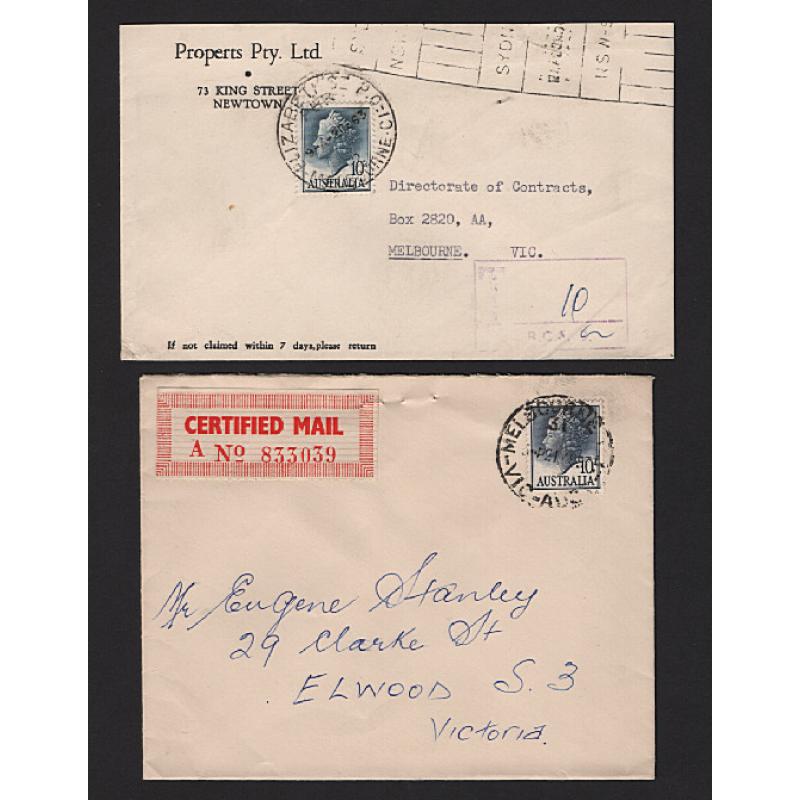 (ST1568) AUSTRALIA · 1957/63: two covers with single 10d QEII defin franking · one used to pay the Certified Mail rate, the other to pay postage due · nice "usage" items in excellent to fine condition (2)