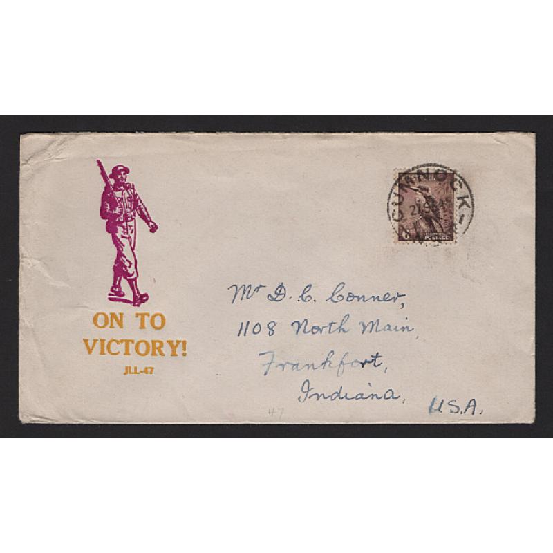 (ST1571) AUSTRALIA · 1945: "On To Victory!" patriotic cover mailed to the USA · some minor wear at left end but o/wise in an excellent, clean condition