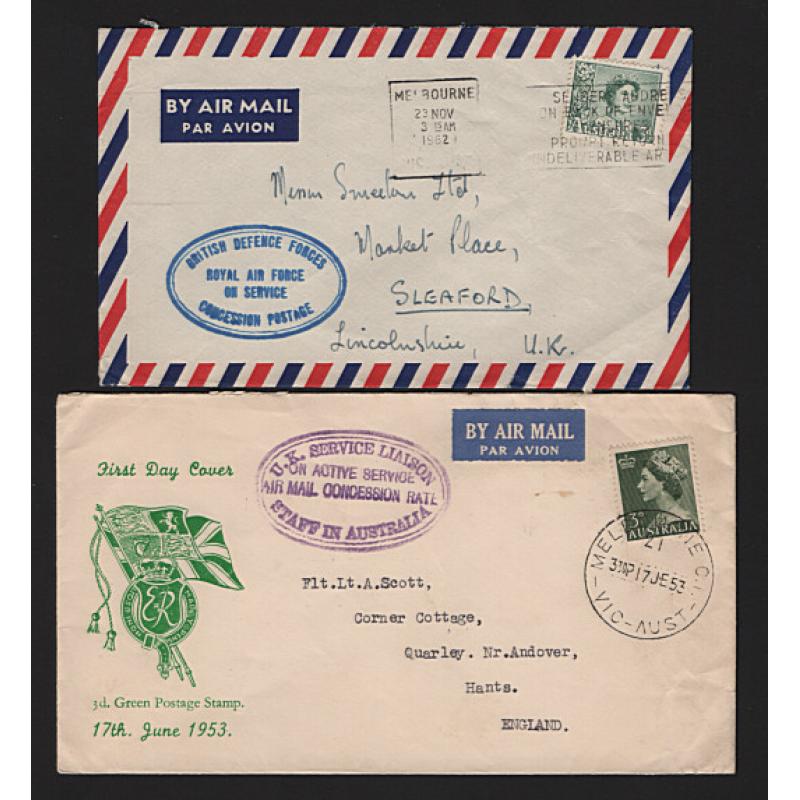 (ST1574) AUSTRALIA · 1953/62: two covers to G.B. mailed by British servicemen in Australia at the concessional air mail of 3d · oval R.A.F. and U.K. Service Liaison "Concession Postage" h/stamps · both covers in fine condition (2)